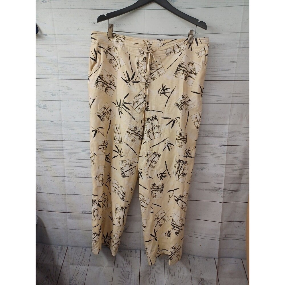 Kriss Kross Womens Capri Pants Beige Black Hawaiian Flat Front 100% Silk 14